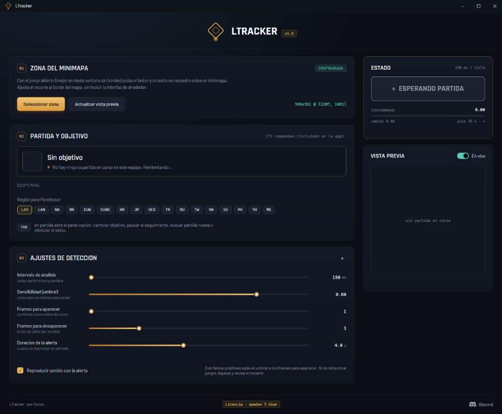 Panel de LTracker mostrando el equipo rival y el rastro del jungla en el minimapa